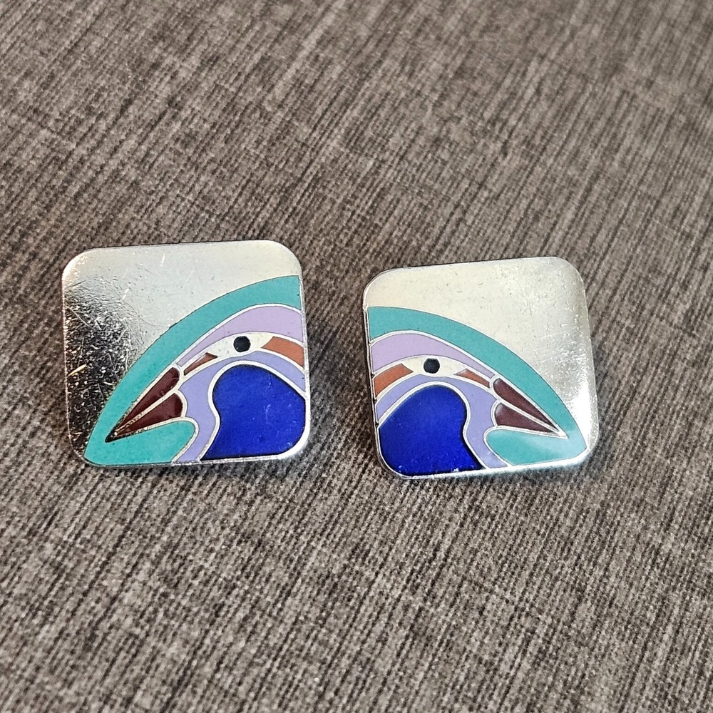Vintage Laurel Burch Earrings Tori Mon Bird Gold Metal Enamel Clip On Signed